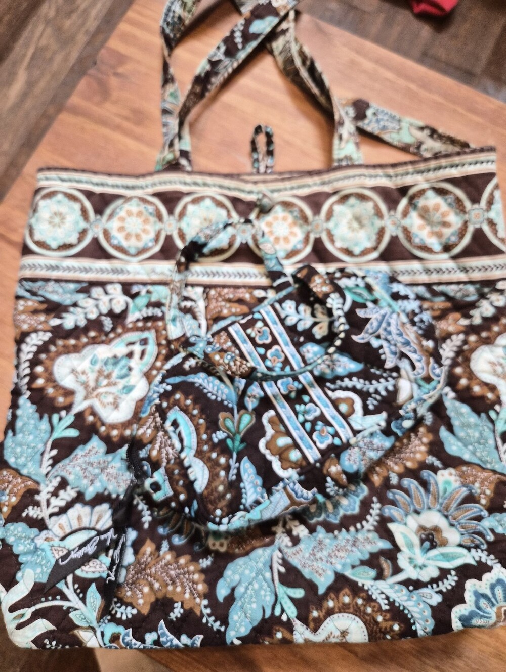 Vera Bradley Brown and Turquoise Purse And Makeup Bag SET